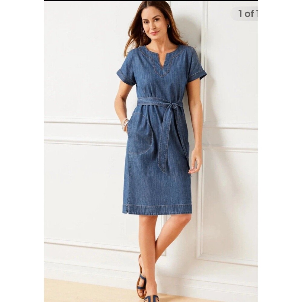 Talbots Denim Tie Waist Shift Dress V-Neck Short Sleeve Pockets Size Small